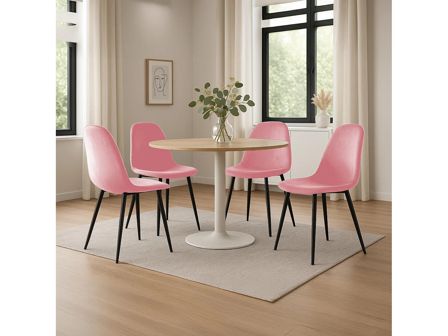 Lot de 4  chaise salle à manger - Velours - Rose - Napier