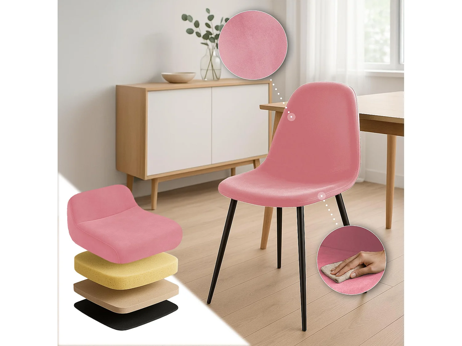 Lot de 4  chaise salle à manger - Velours - Rose - Napier