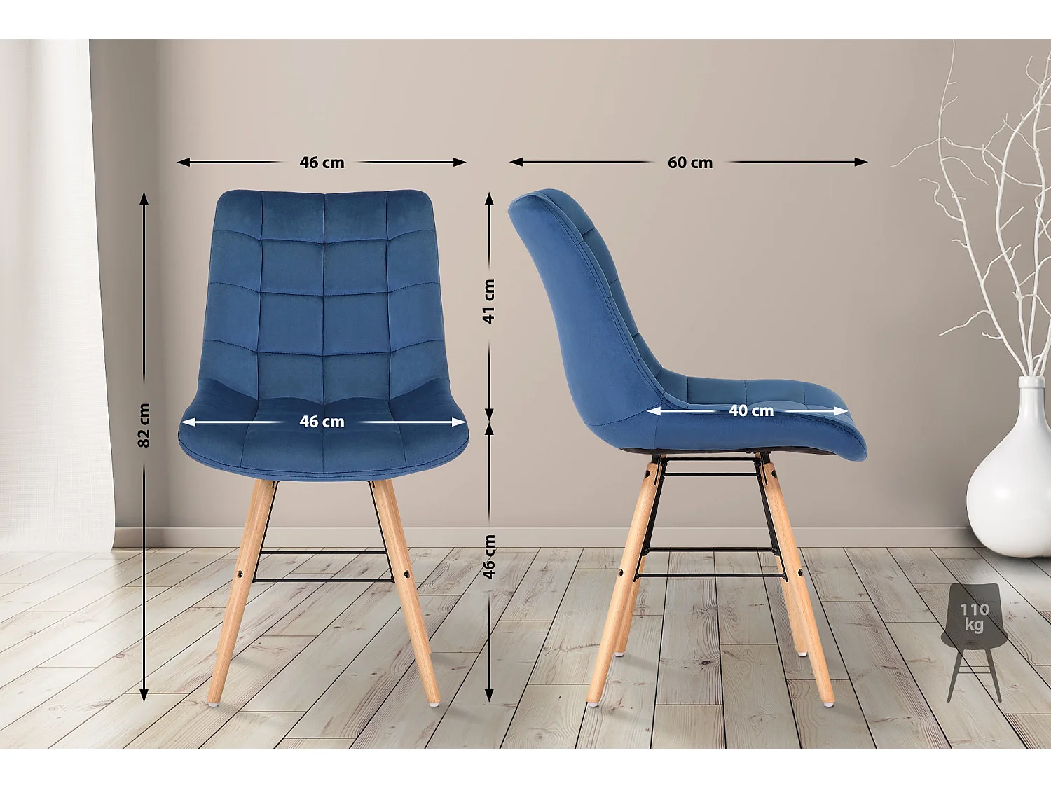 chaise salle à manger - Velours & Bois - Bleu - Leni