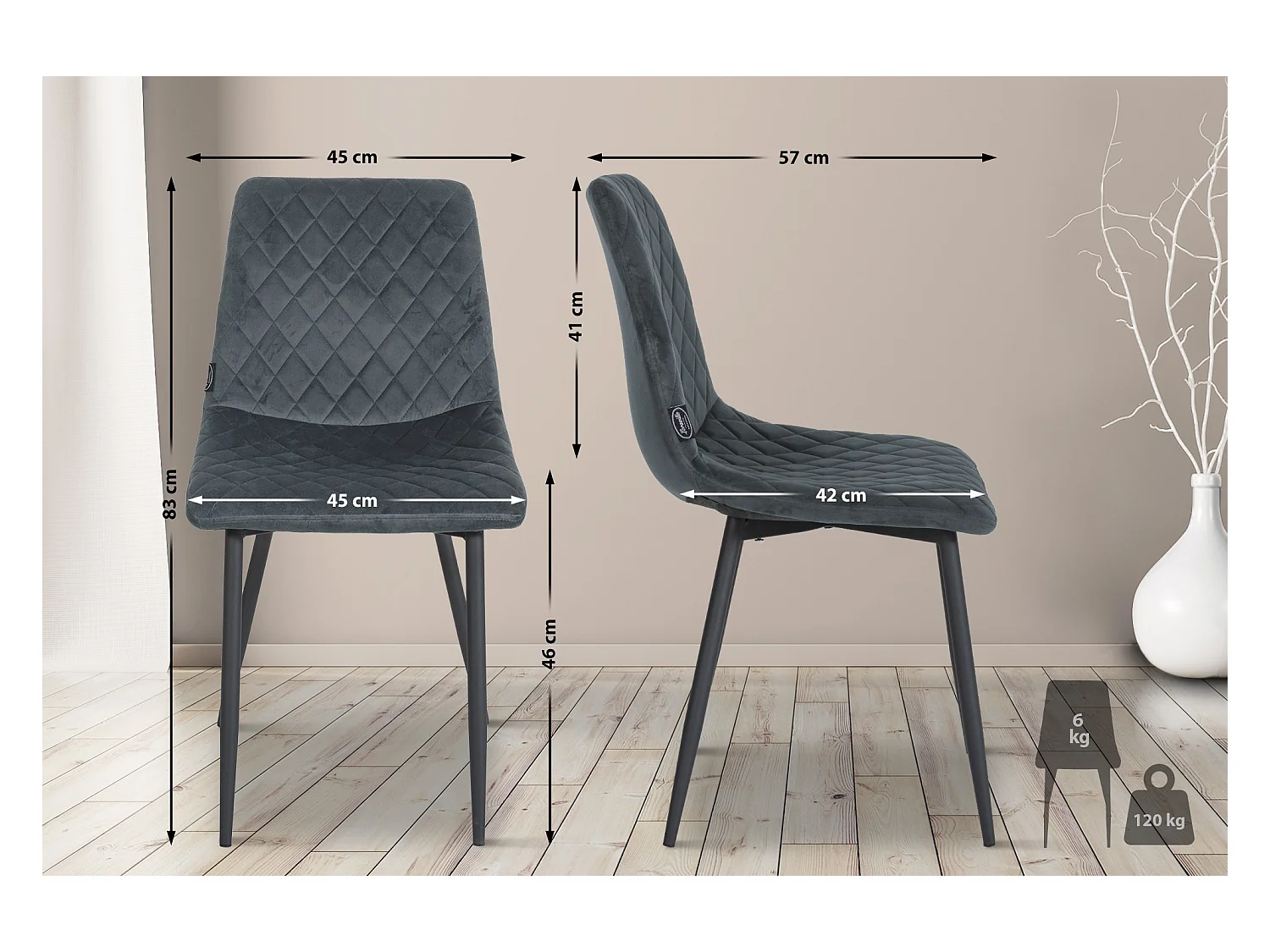 Lot de 4  chaise salle à manger - Velours - Gris foncé - Telde