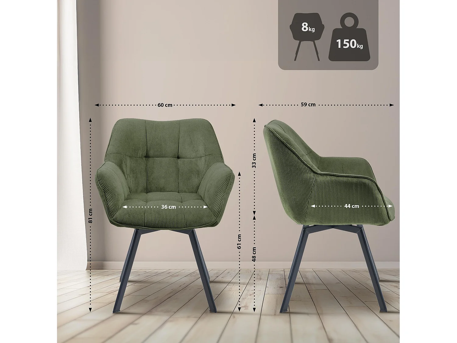 chaises avec accoudoirs - Cordon - Vert - Jordi