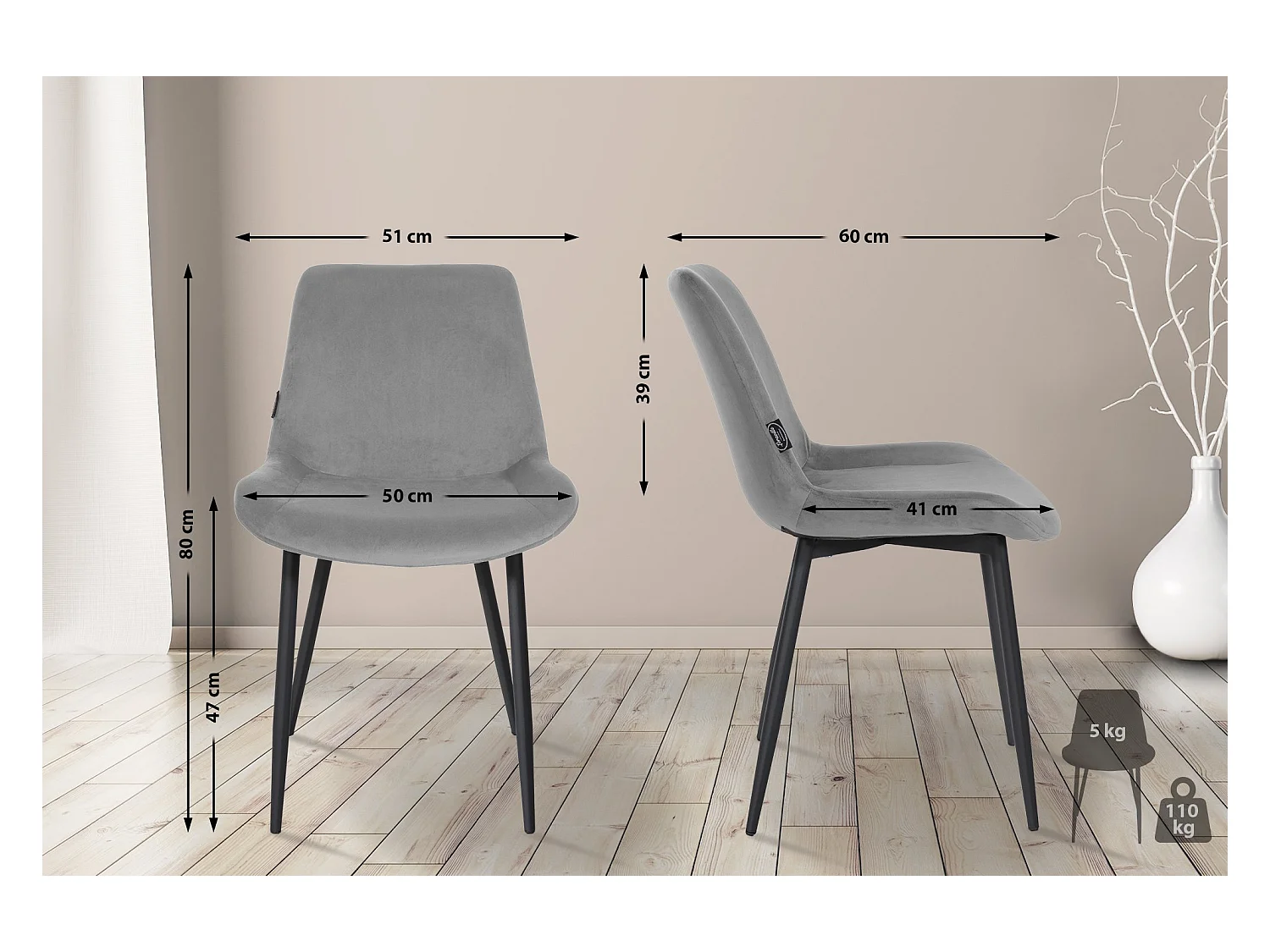 Lot de 2  chaise salle à manger - Velours - Gris - Victoria