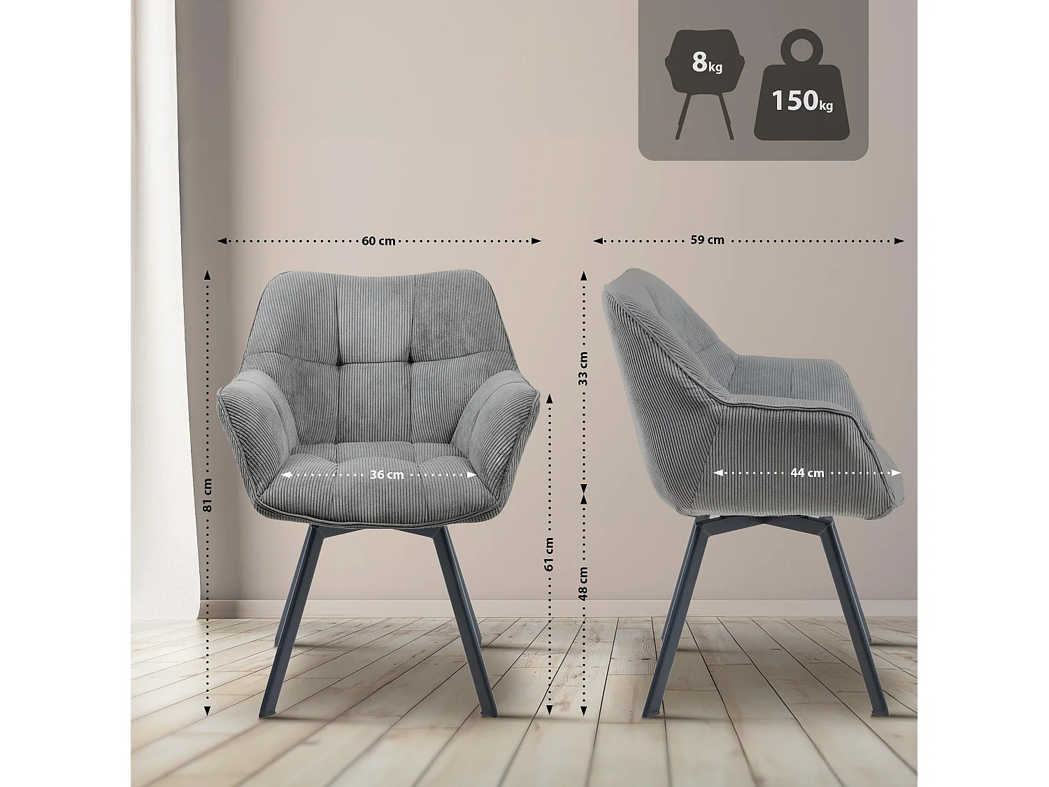 chaises avec accoudoirs - Cordon - Gris - Jordi