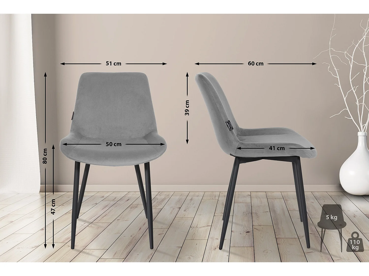 chaise salle à manger - Velours & Nature (carré) - Gris - Victoria