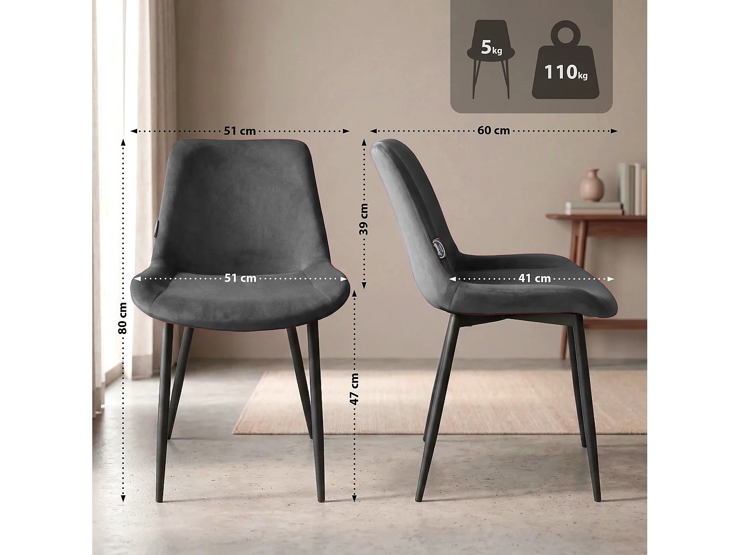 chaise salle à manger - Velours & Chrome - Gris - Victoria