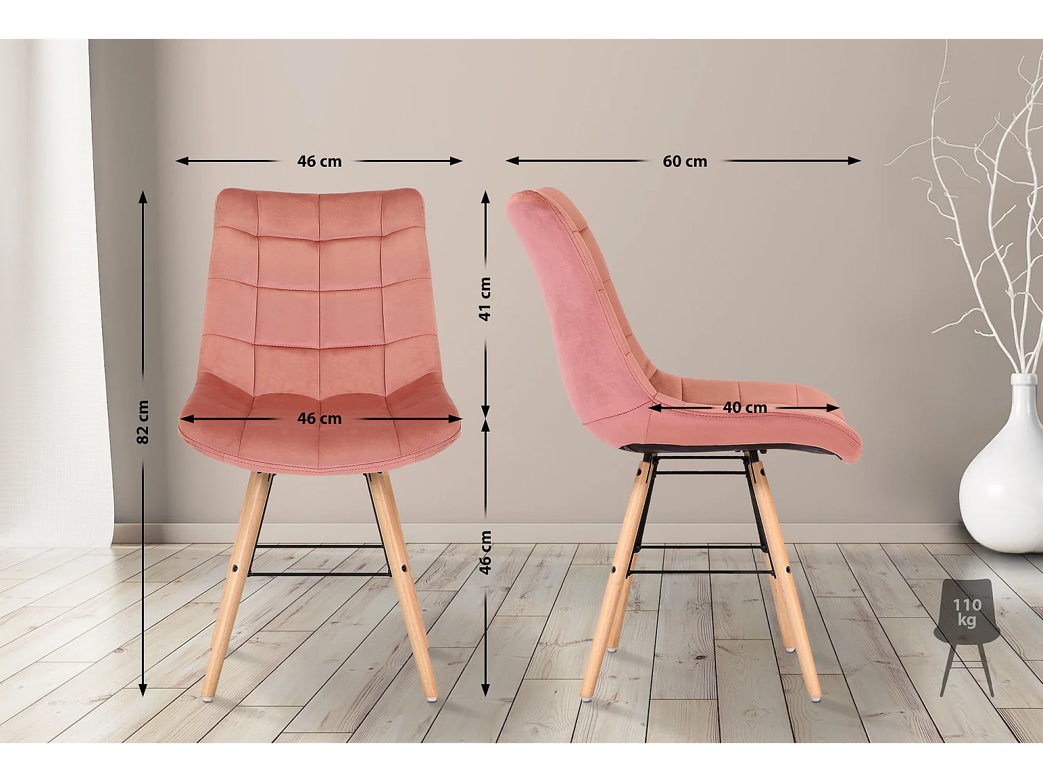 Lot de 2  chaise salle à manger - Velours & Bois - Rose - Leni