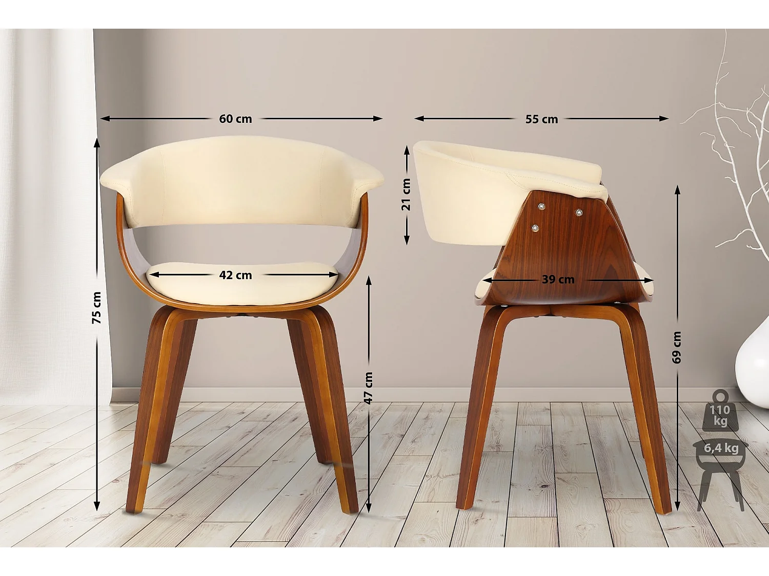 Lot de 2  chaise salle à manger - Bois - Crème - Bruce