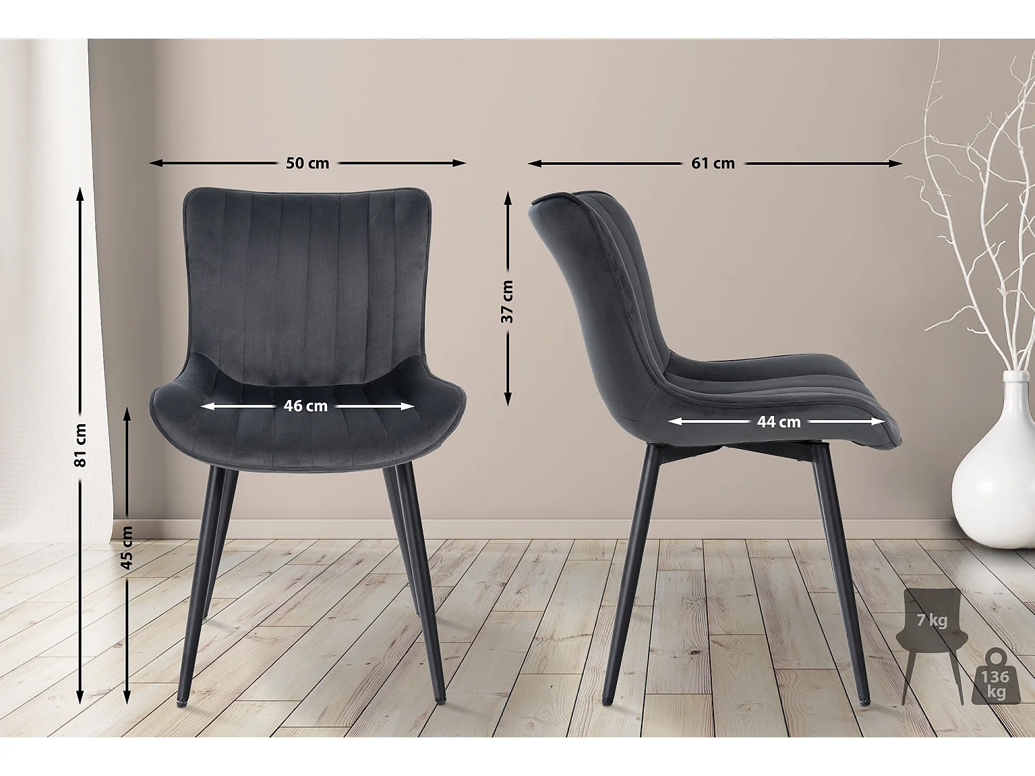 Lot de 2  chaise salle à manger - Velours - Gris foncé - Largo