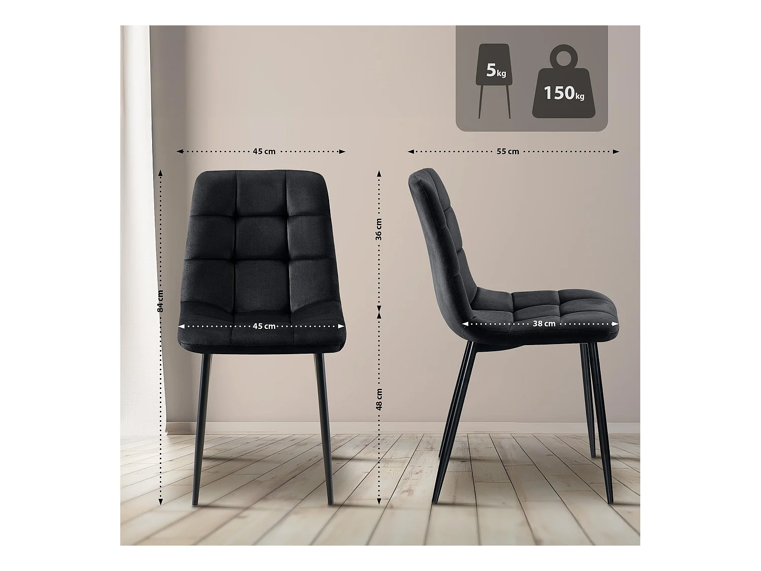 Lot de 4  chaise salle à manger - Velours - Noir - Tilde