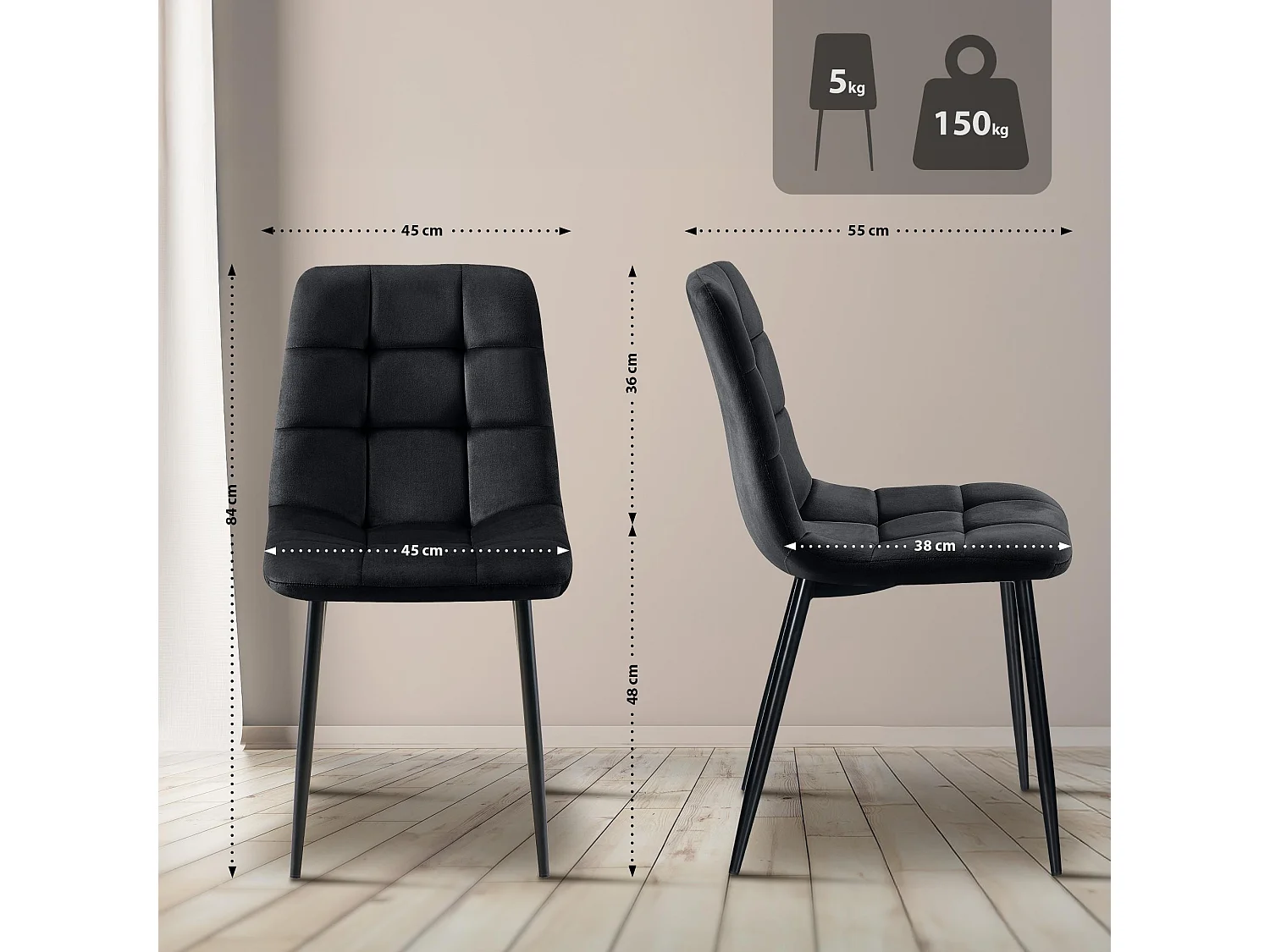 Lot de 4  chaise salle à manger - Velours - Noir - Tilde