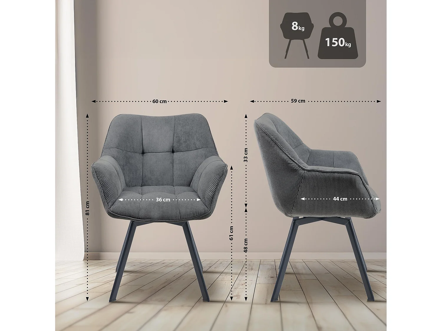 chaises avec accoudoirs - Cordon - Gris foncé - Jordi