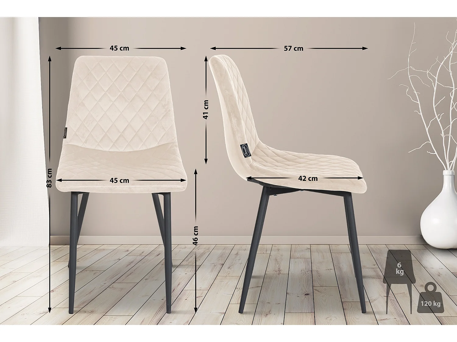 Lot de 4  chaise salle à manger - Velours - Crème - Telde