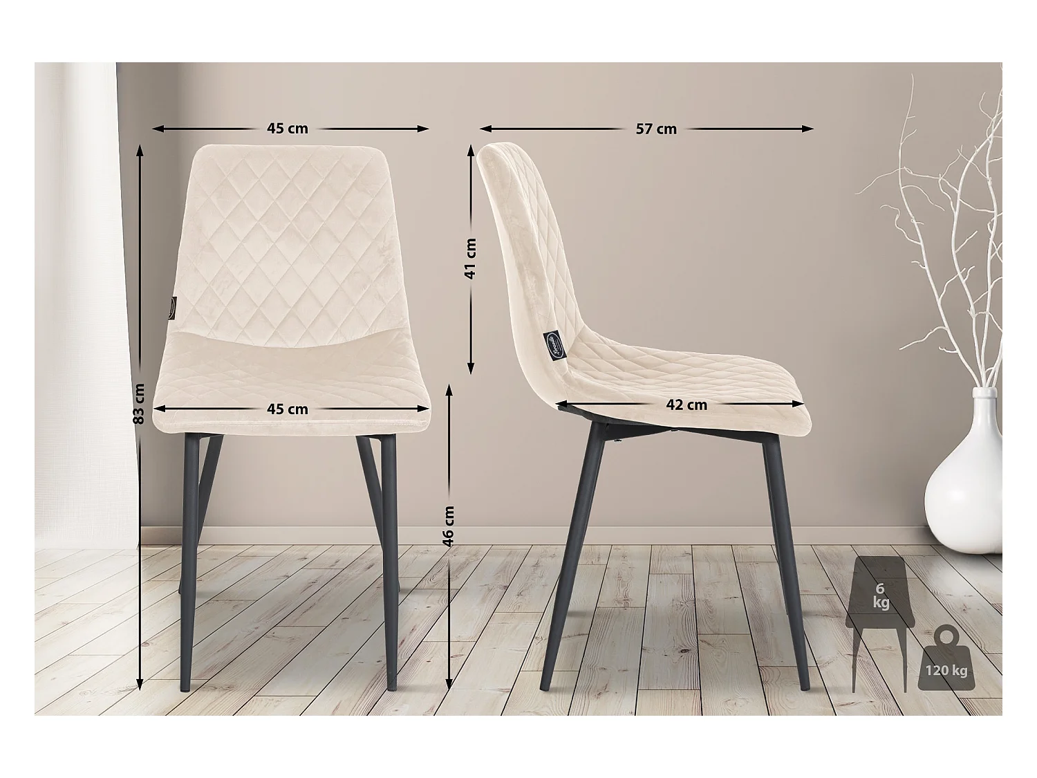 Lot de 4  chaise salle à manger - Velours - Crème - Telde