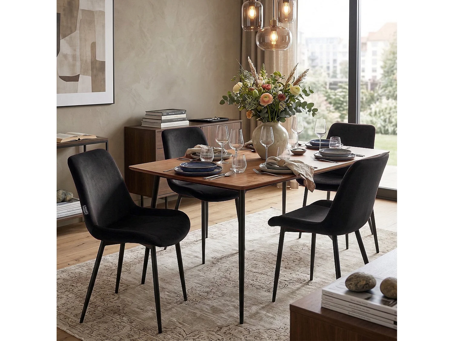 Lot de 4  chaise salle à manger - Velours & Blanc - Noir - Victoria