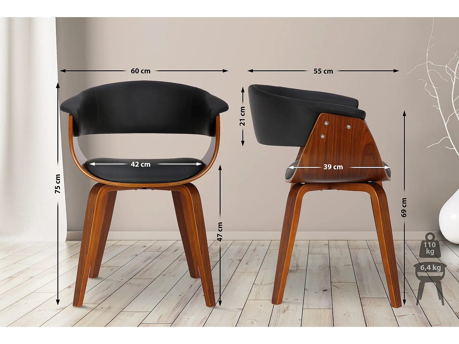 Lot de 2  chaise salle à manger - Bois - Noir - Bruce