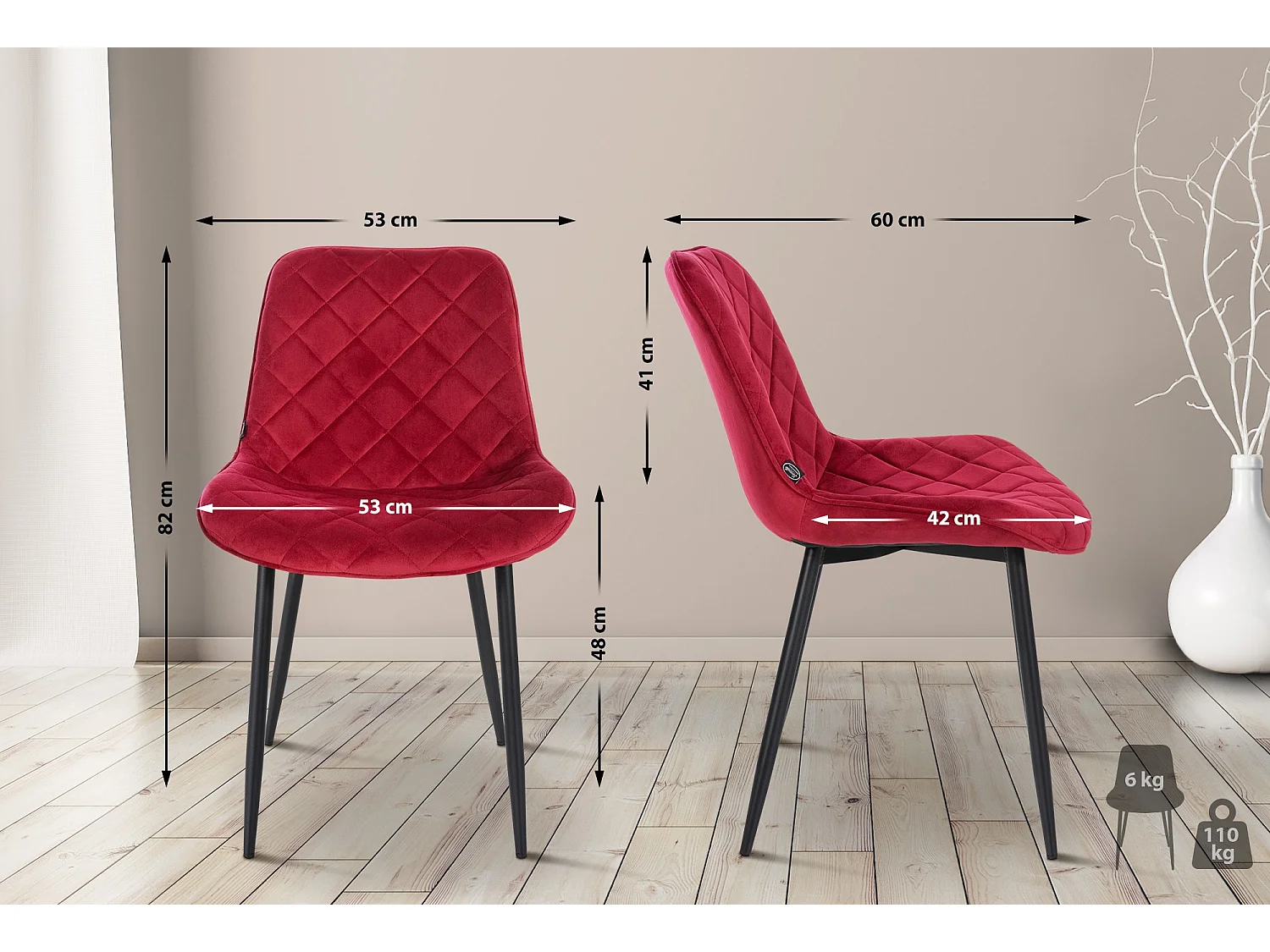 Lot de 4  chaise salle à manger - Velours & Blanc - Rouge - Springs