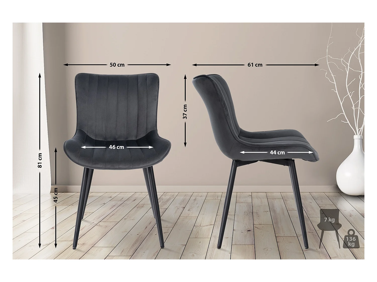 chaise salle à manger - Velours - Gris foncé - Largo