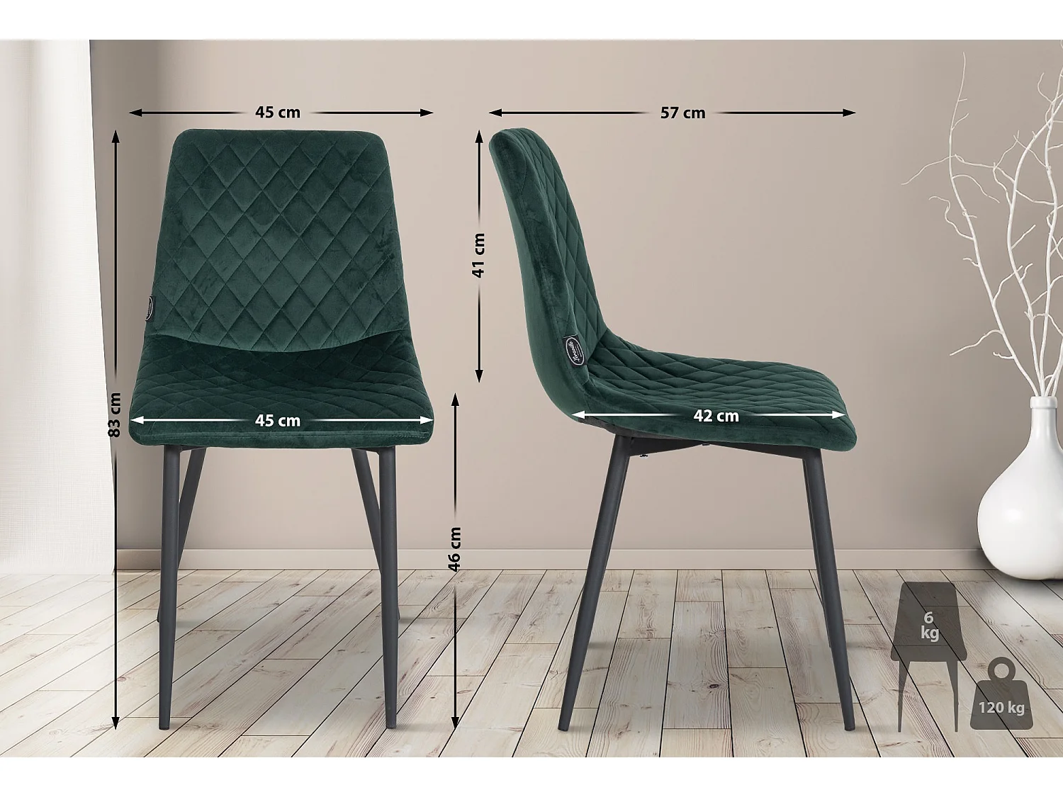 Lot de 4  chaise salle à manger - Velours & Métal noir mat - Vert foncé - Telde