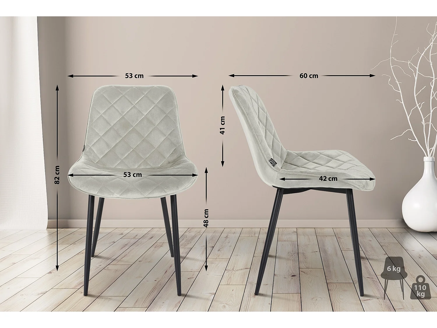 Lot de 4  chaise salle à manger - Velours & Blanc - Crème - Springs