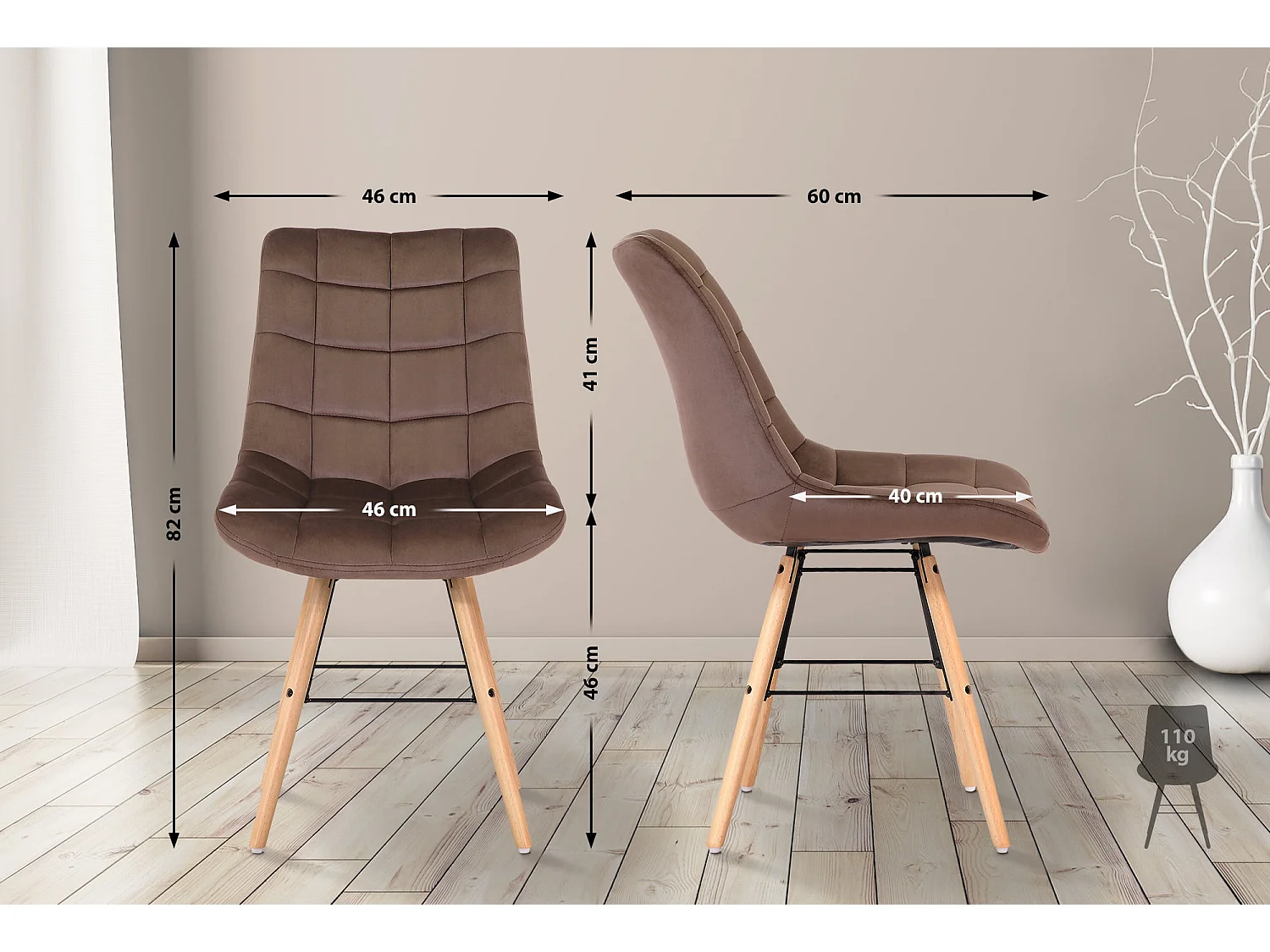 Lot de 2  chaise salle à manger - Velours & Bois - Marron - Leni