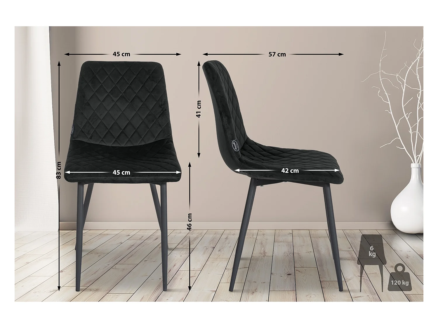 Lot de 4  chaise salle à manger - Velours - Noir - Telde