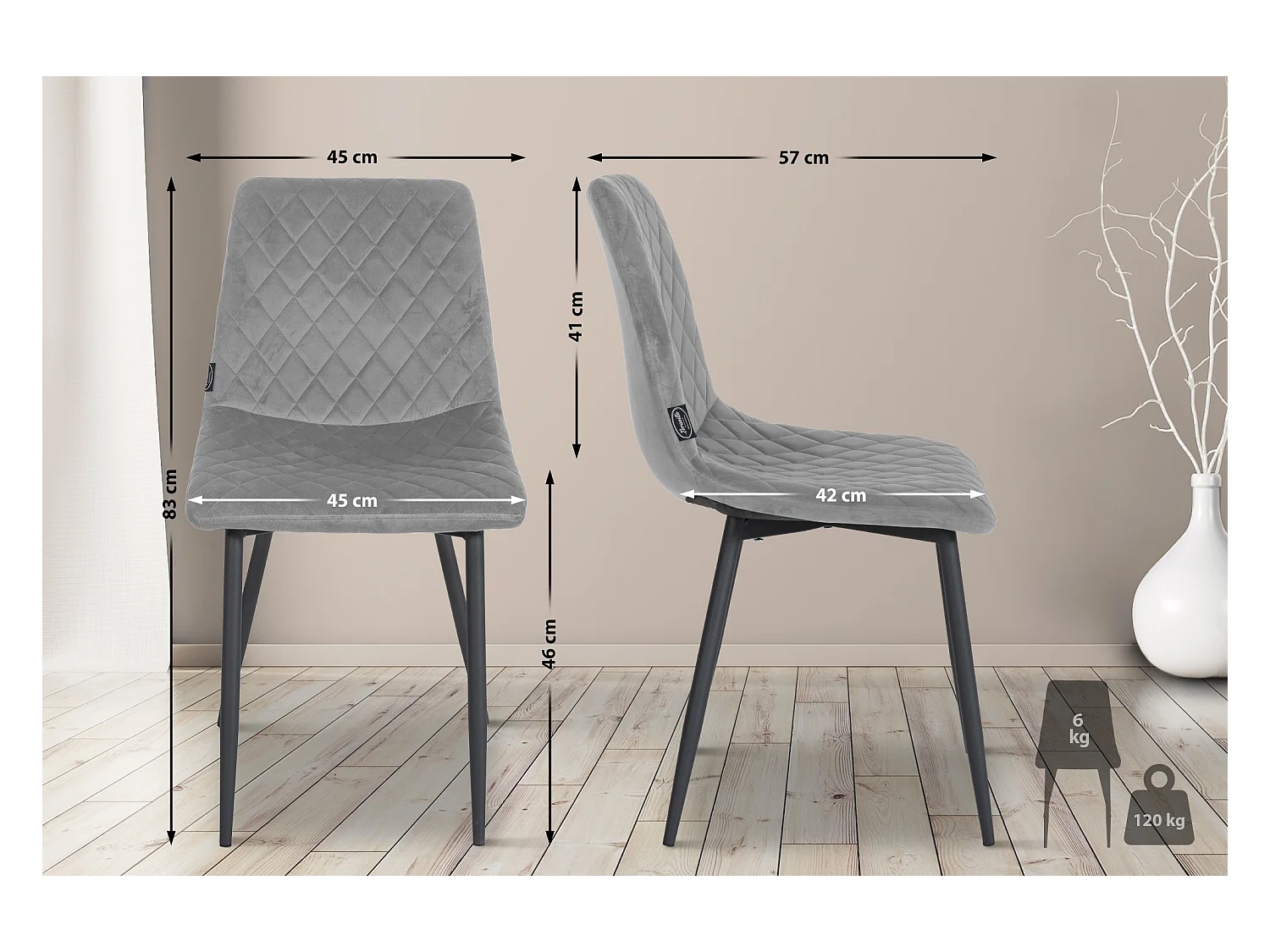 Lot de 4  chaise salle à manger - Velours - Gris - Telde