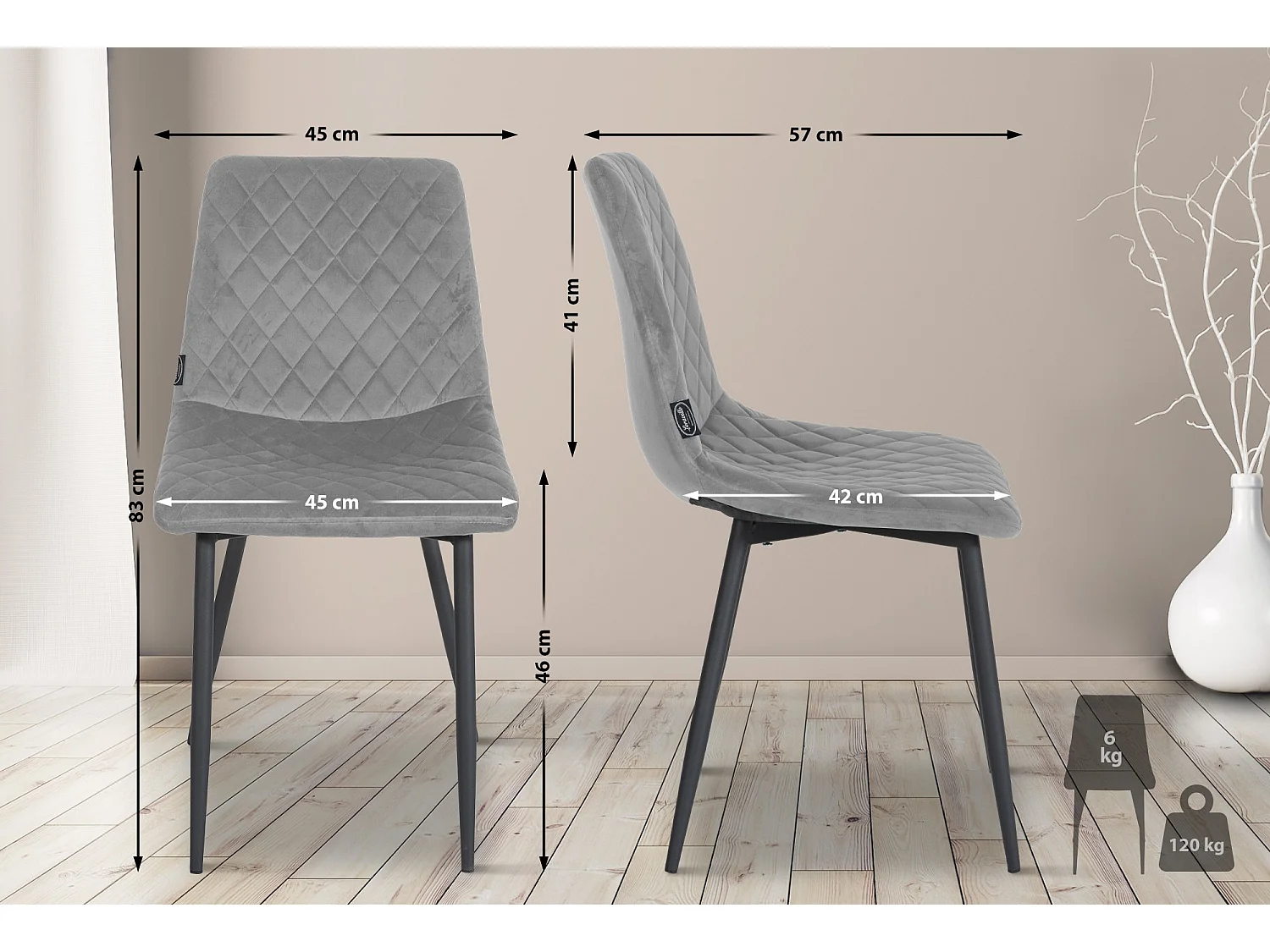 Lot de 4  chaise salle à manger - Velours - Gris - Telde