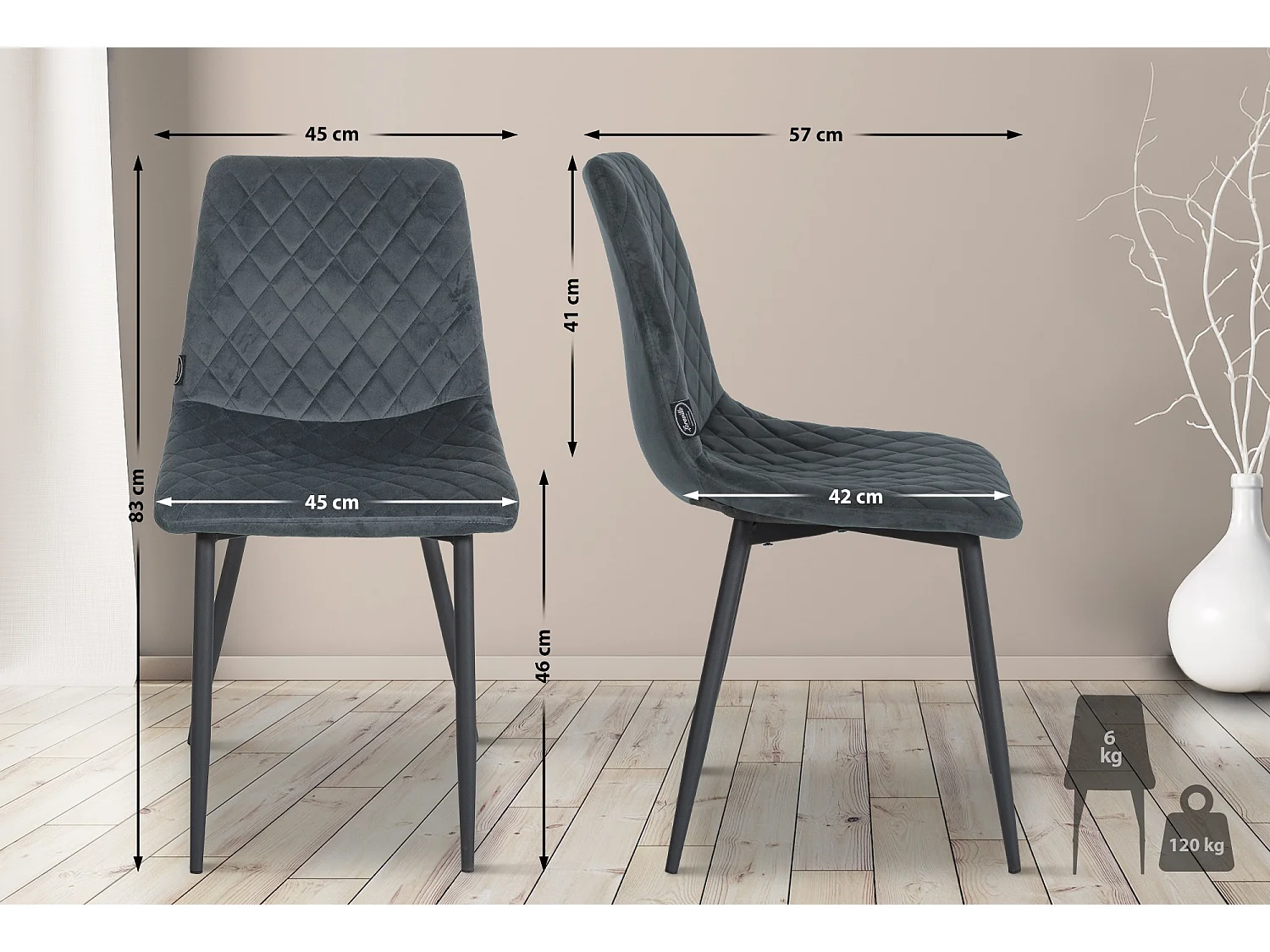 Eetkamerstoelen - Fluweel & natura (vierkant) - donkergrijs - Telde