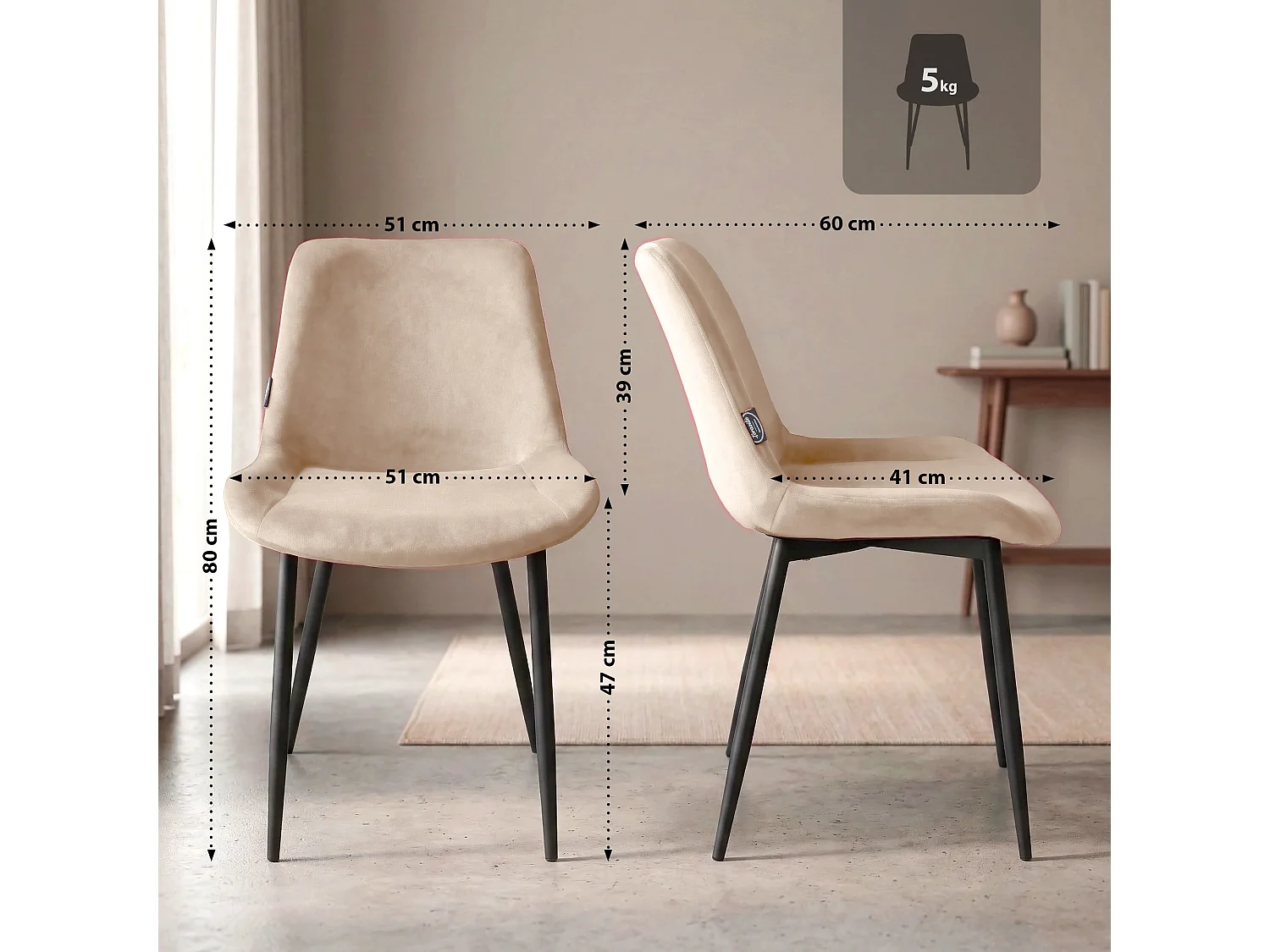 Lot de 4  chaise salle à manger - Velours & Blanc - Crème - Victoria