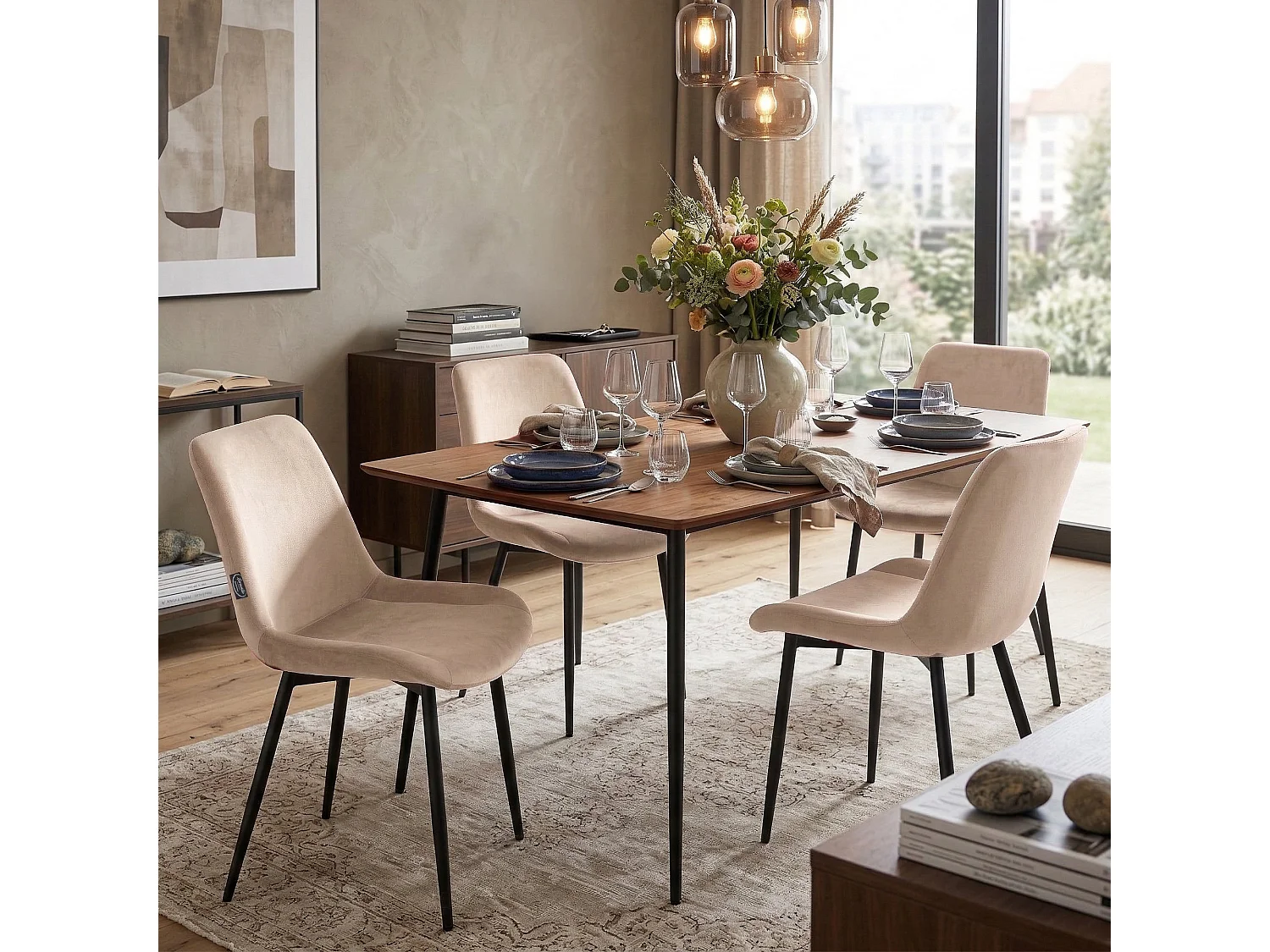 Lot de 4  chaise salle à manger - Velours & Blanc - Crème - Victoria