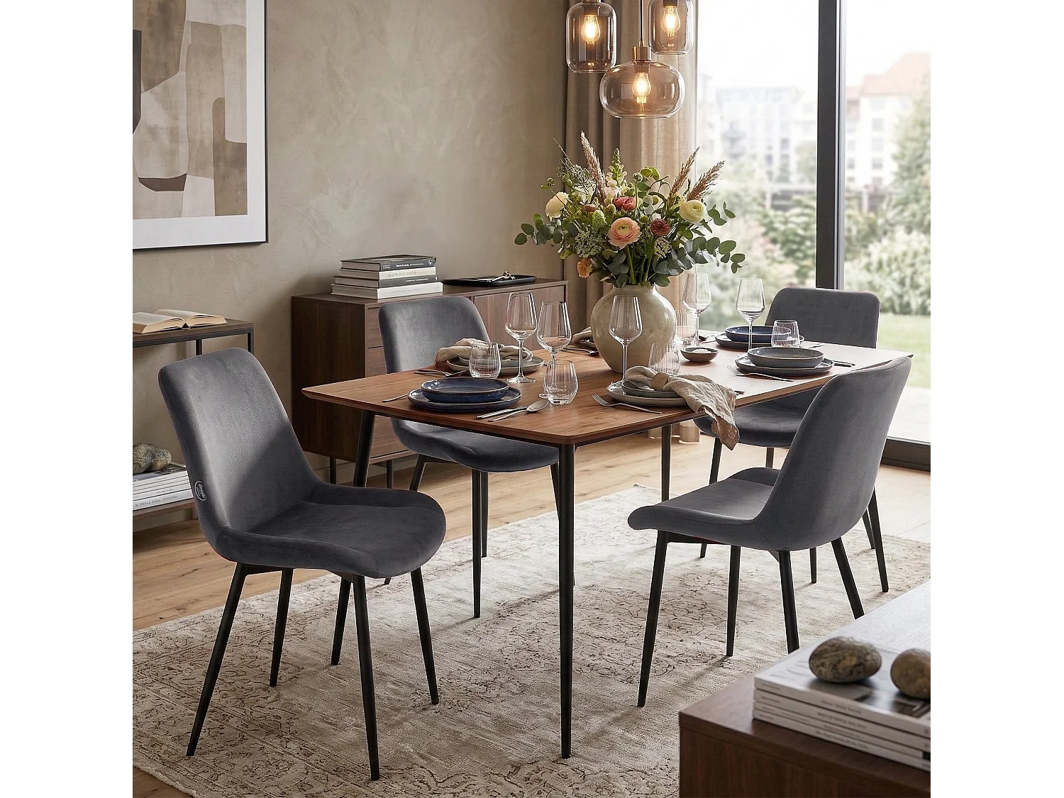 Lot de 4  chaise salle à manger - Velours & Blanc - Gris - Victoria