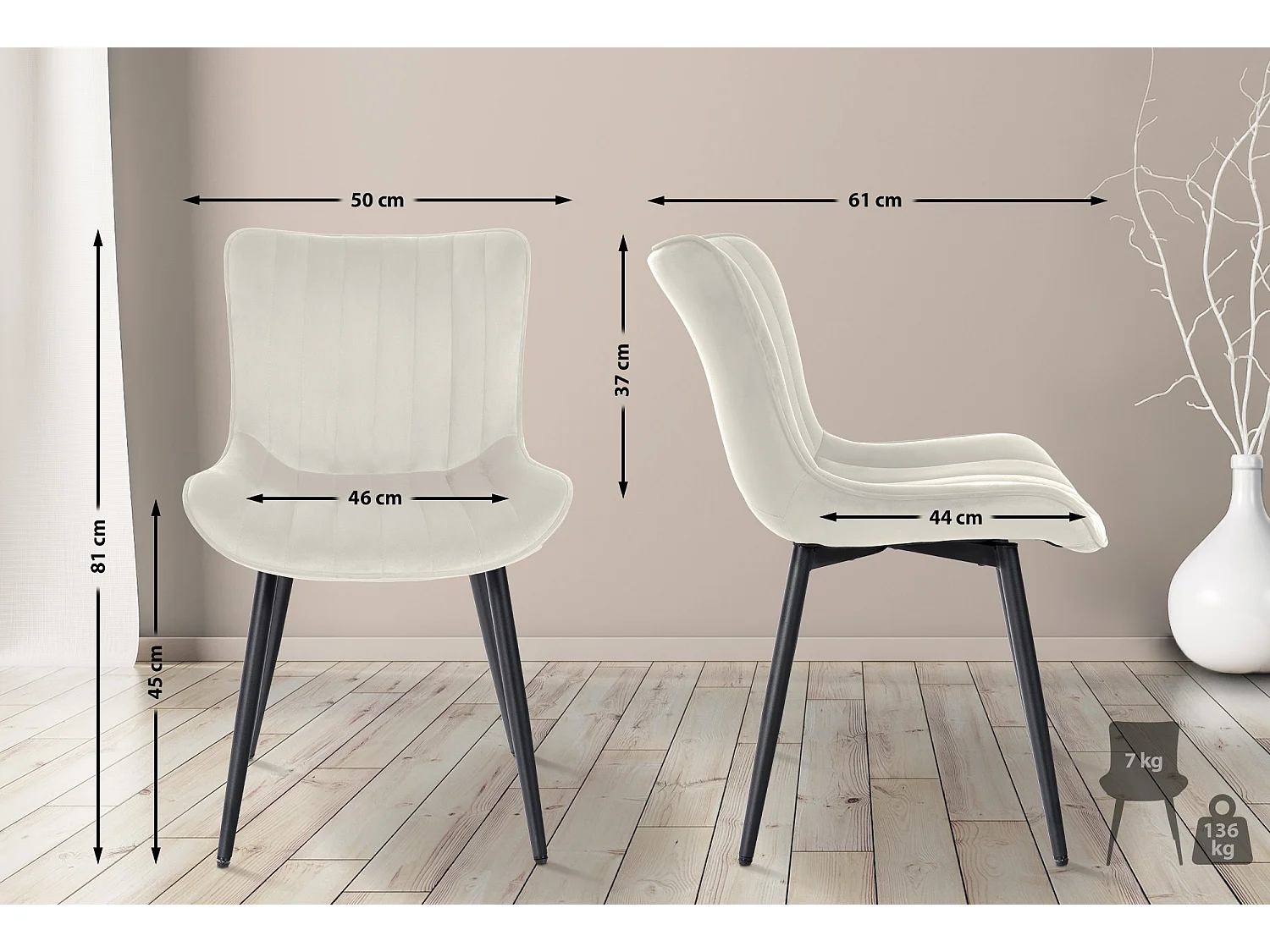 Lot de 2  chaise salle à manger - Velours - Crème - Largo