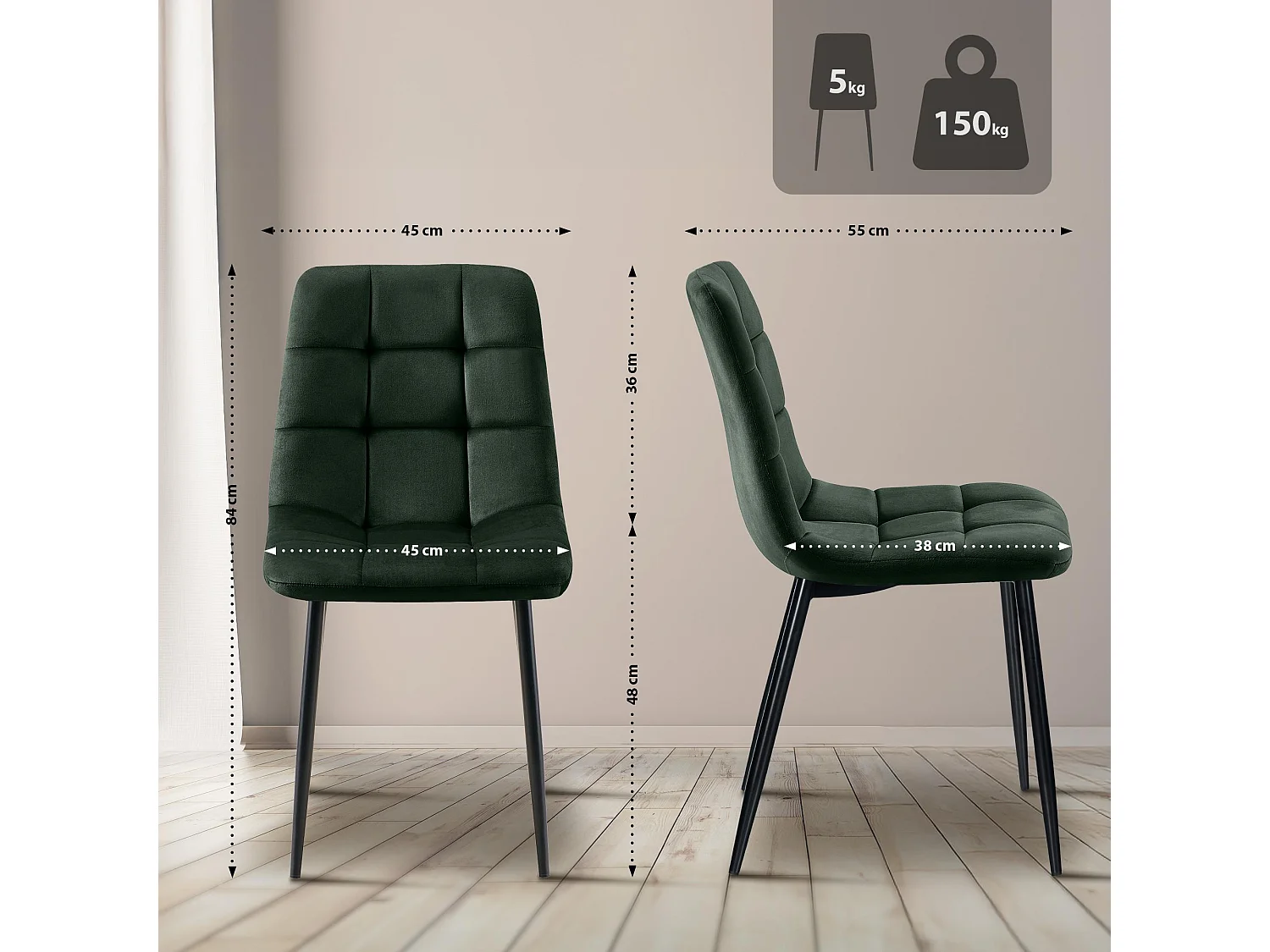 Lot de 2  chaise salle à manger - Velours - Vert - Tilde