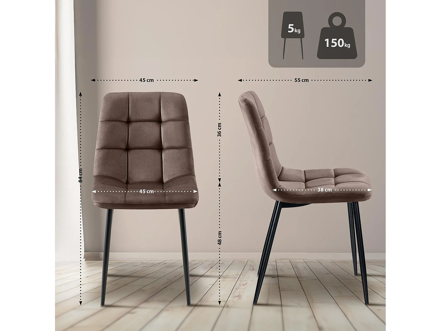 Lot de 4  chaise salle à manger - Velours - Marron - Tilde