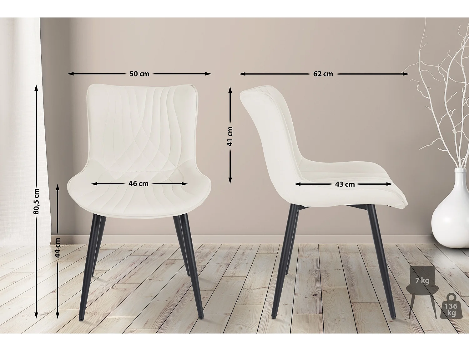 Lot de 2  chaise salle à manger - Velours - Crème - Brady