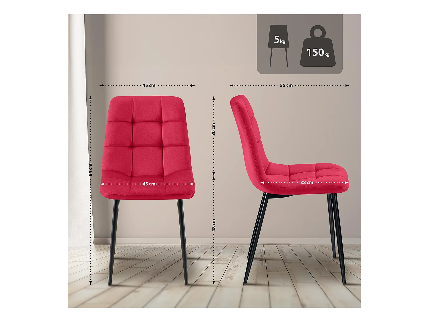 Lot de 2  chaise salle à manger - Velours - Rouge - Tilde