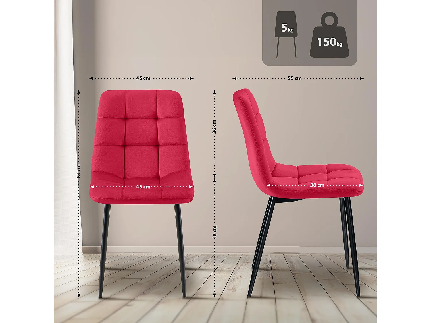 Lot de 2  chaise salle à manger - Velours - Rouge - Tilde