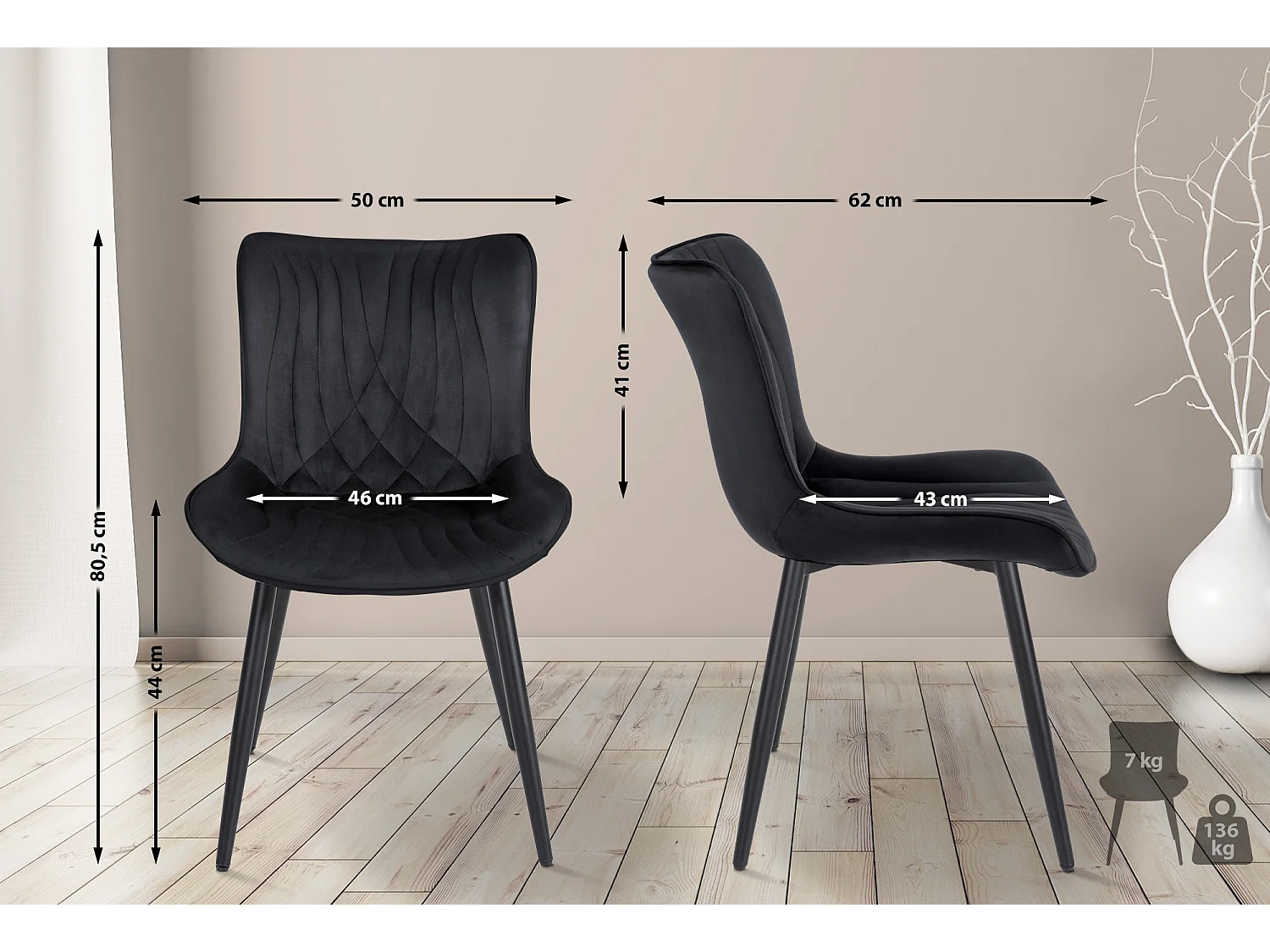 Lot de 2  chaise salle à manger - Velours - Noir - Brady