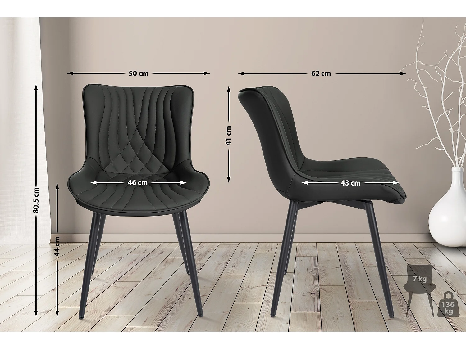 Lot de 2  chaise salle à manger - Similicuir - Noir - Brady