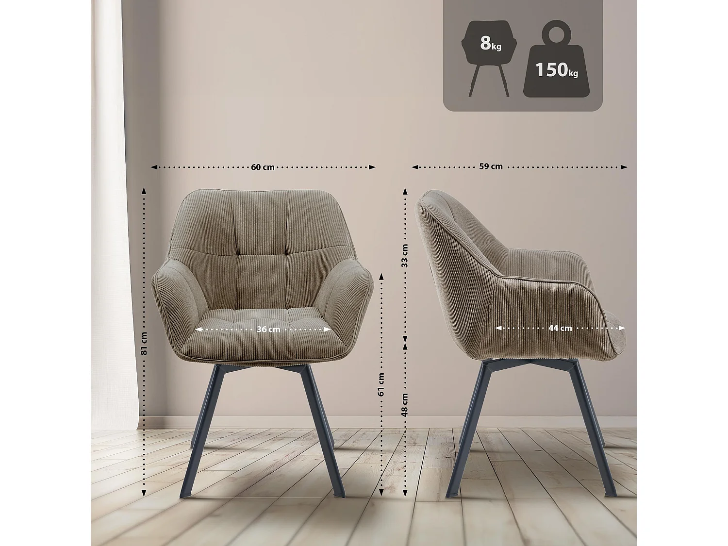 chaises avec accoudoirs - Cordon - Marron - Jordi