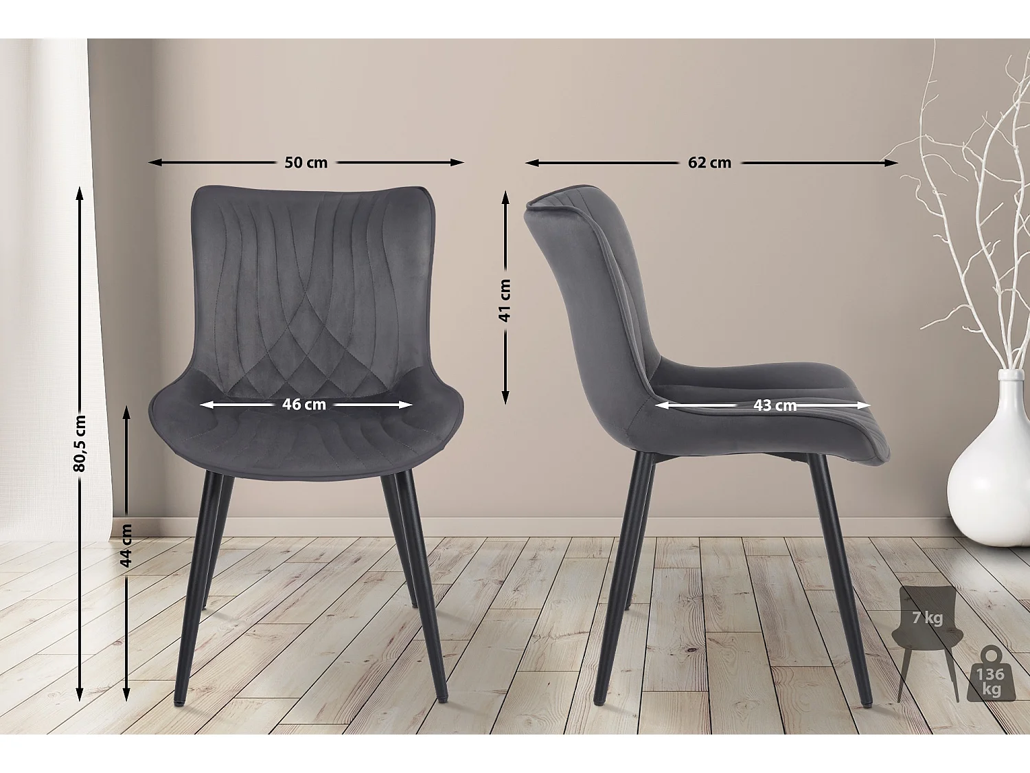 chaise salle à manger - Velours - Gris foncé - Brady