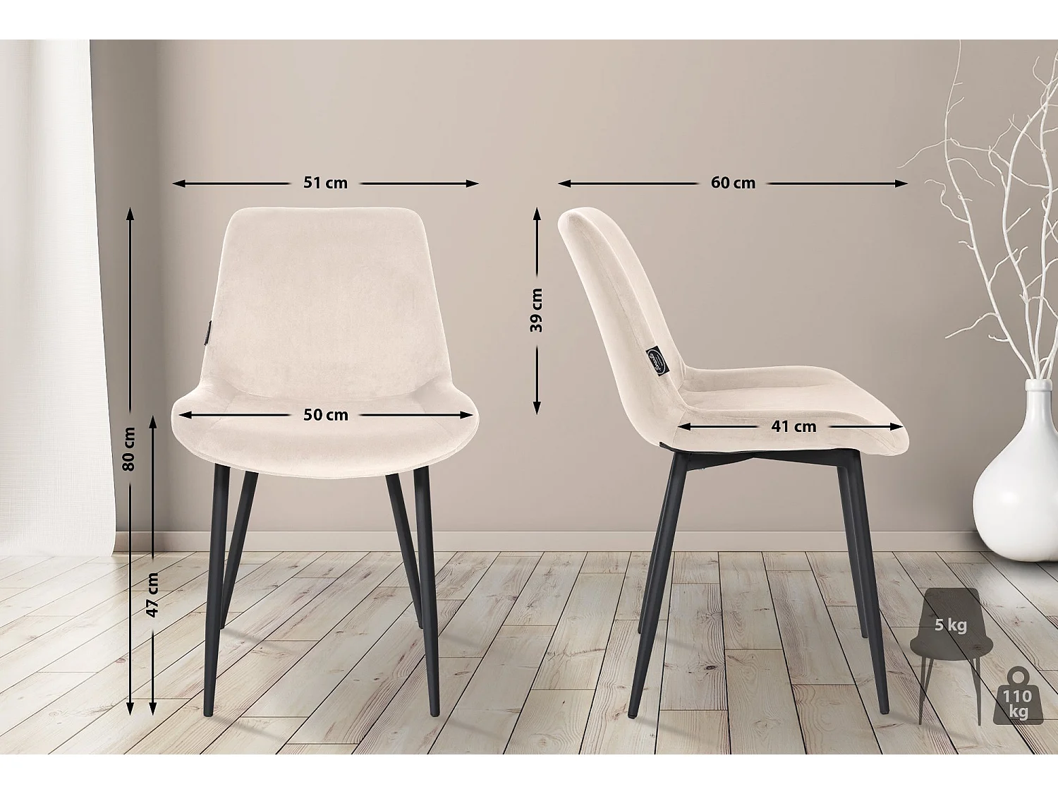 chaise salle à manger - Velours & Noir - Crème - Victoria