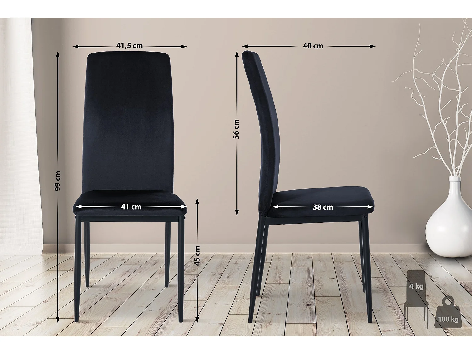 Lot de 4  chaise salle à manger - Velours & Métal - Noir - Savino