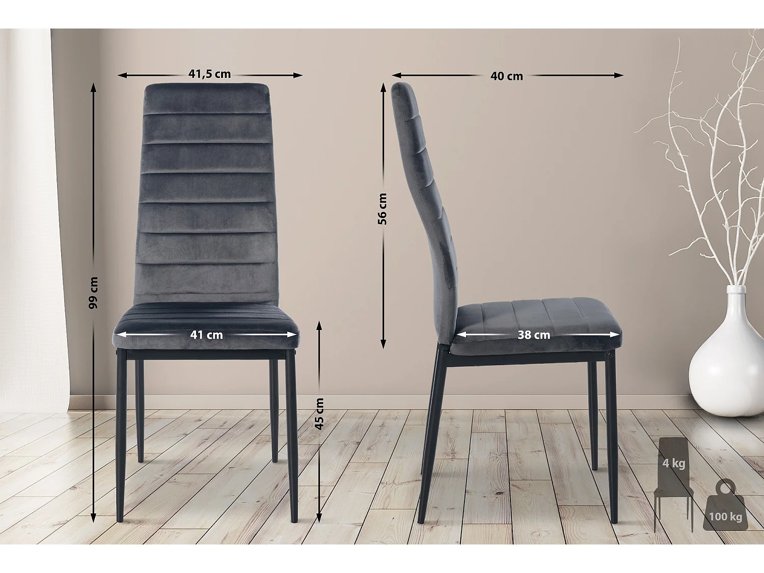 Lot de 4  chaise salle à manger - Velours - Gris - Mayfair