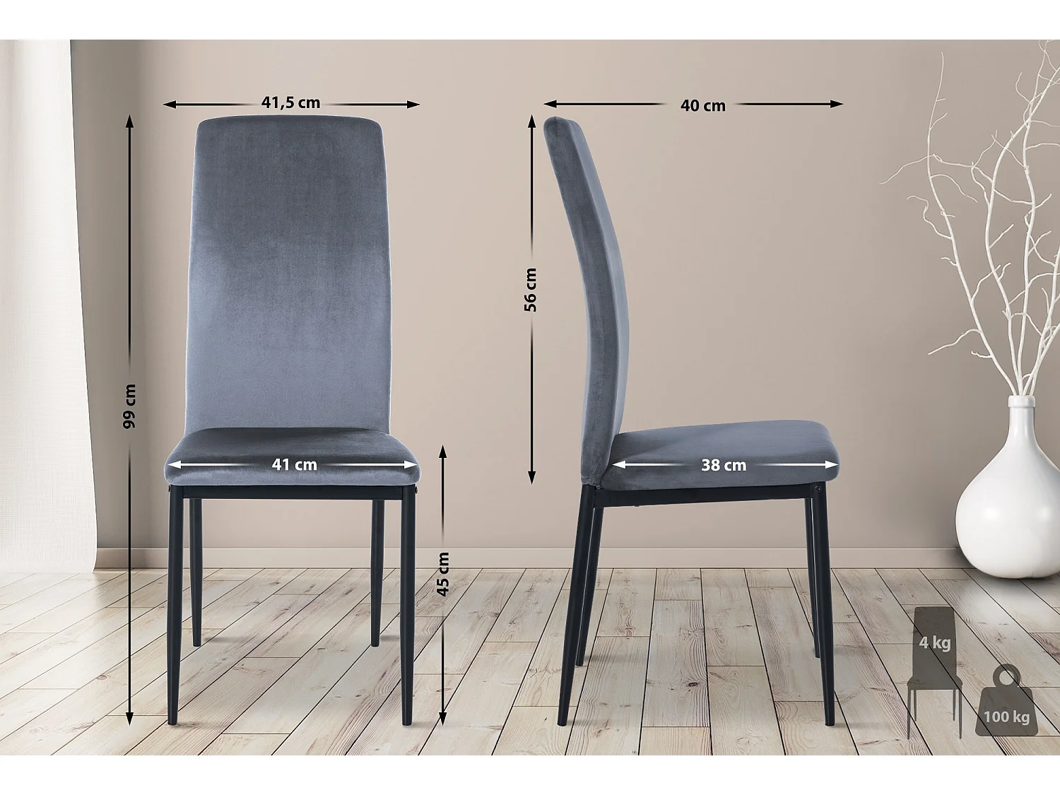 Lot de 4  chaise salle à manger - Velours - Gris clair - Savino