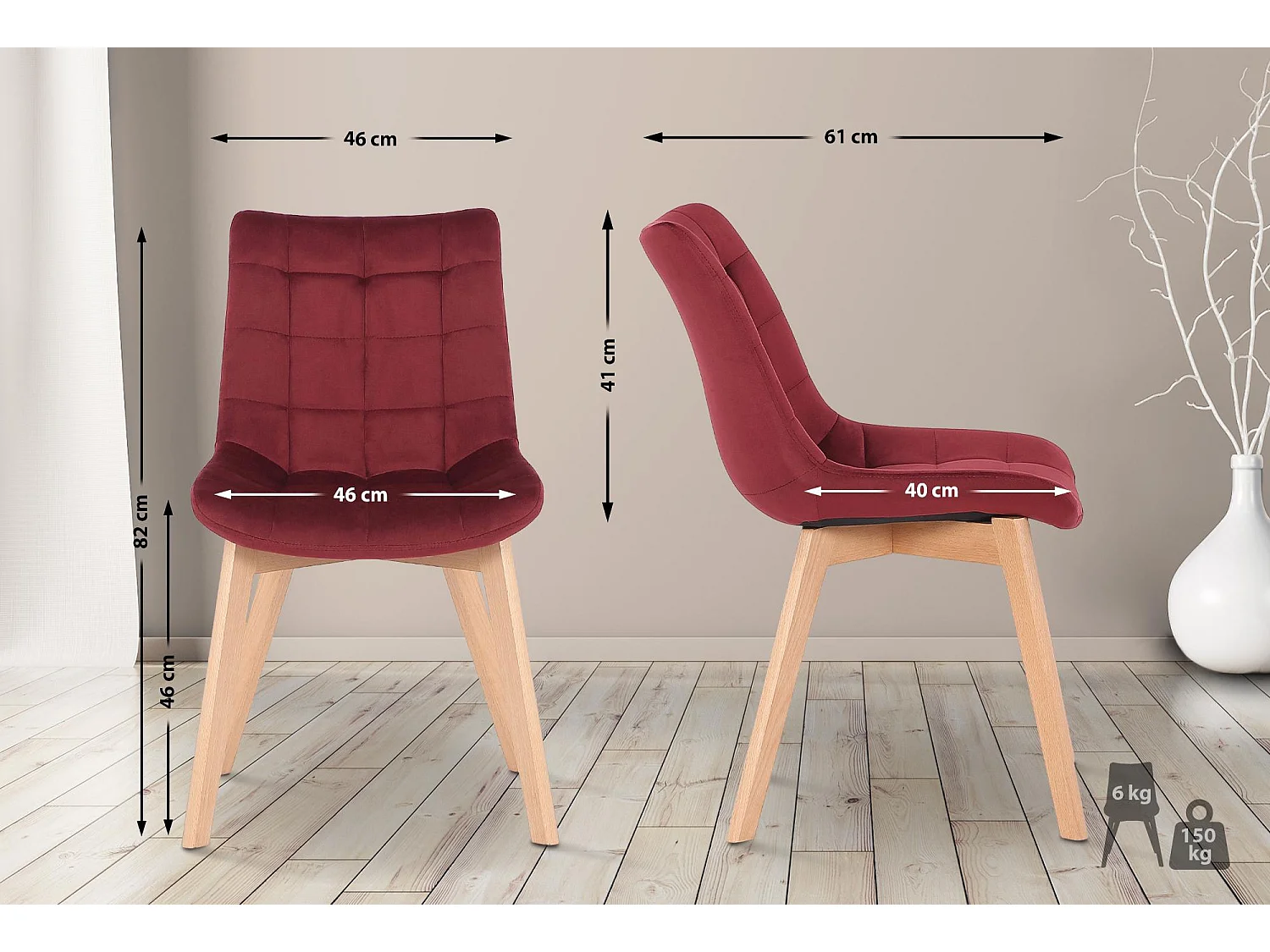 Lot de 2  chaise salle à manger - Velours - Rouge - Passaic