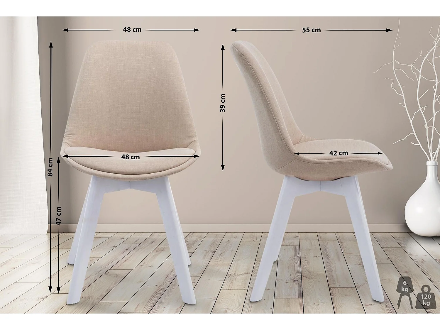 chaise salle à manger - Tissu & Blanc - Crème - Borneo