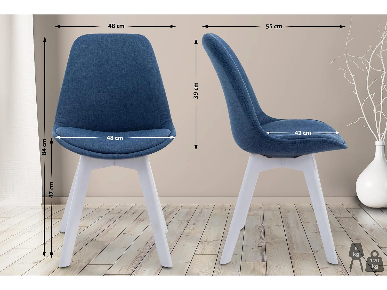 chaise salle à manger - Tissu & Blanc - Bleu - Borneo