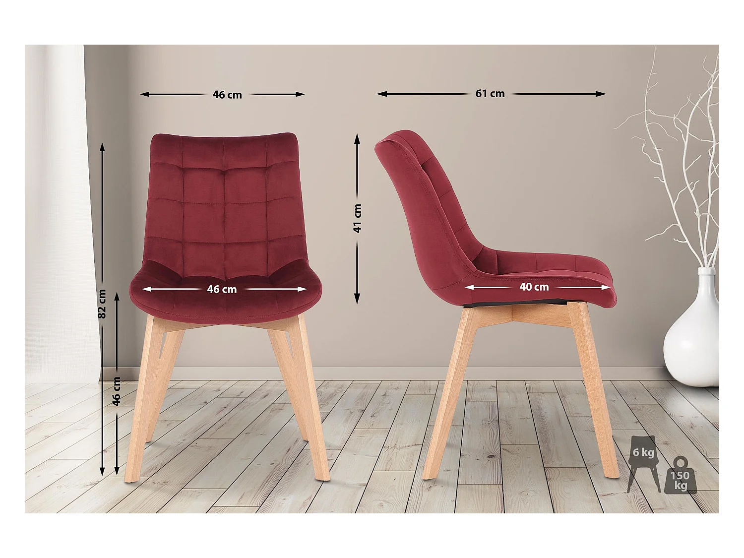 Eetkamerstoelen - Fluweel & natura - rood - Passaic