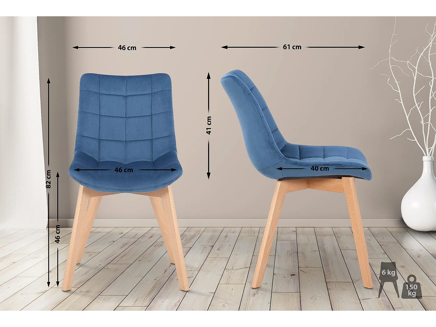 Lot de 2  chaise salle à manger - Velours - Bleu - Passaic